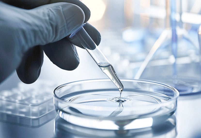 
Een hand met handschoen die een pipet vasthoudt, met een vloeistof die voorzichtig in een doorzichtig schaaltje druppelt
